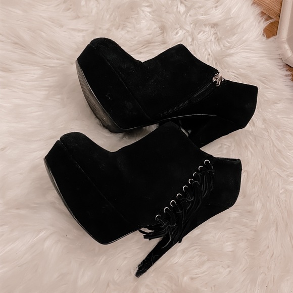 BEBE Black Suede Platform Fringe Ankle Booties 8 - Picture 3 of 16